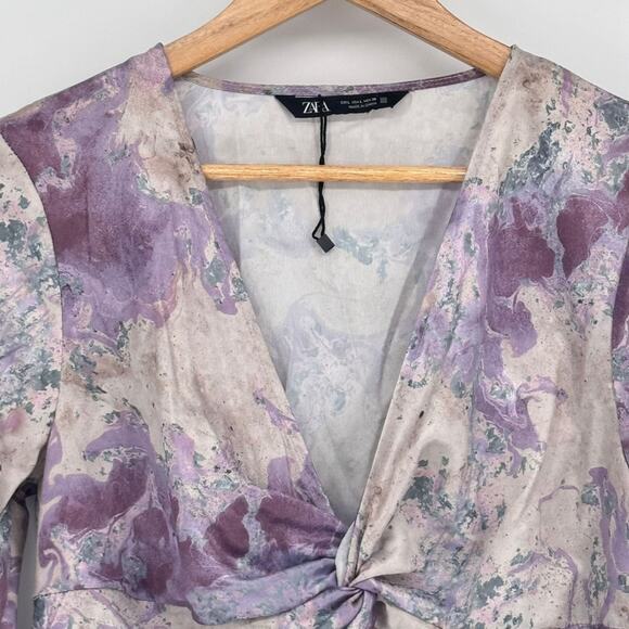 NWOT Zara Purple Marble Satin Gradient Long Sleeve Blouse Sz L Whimsical Boho - Picture 4 of 9
